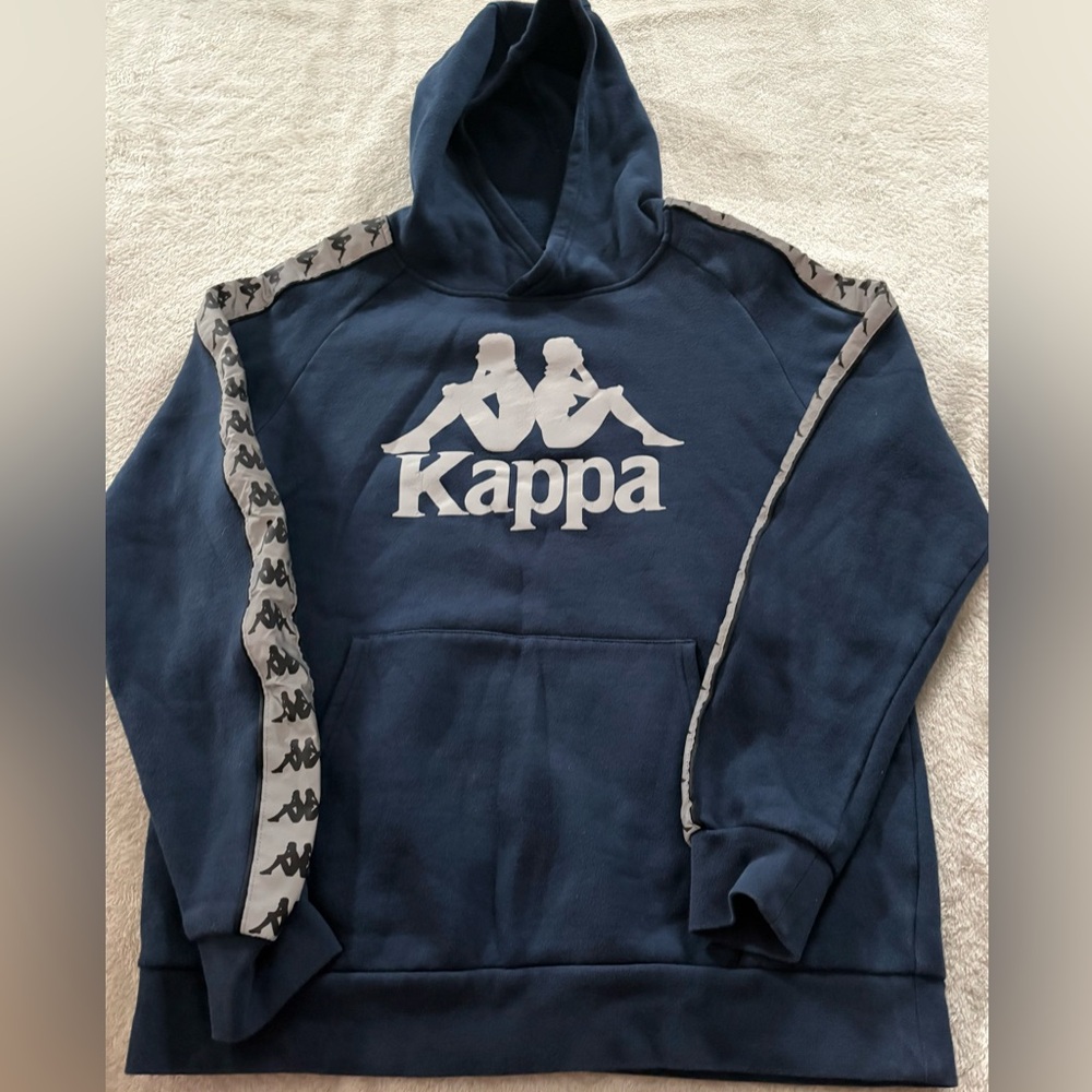 Kappa Hoodie Sweatshirt Men’s Medium Blue Logo Pullover Tape Sleeve Streetwear